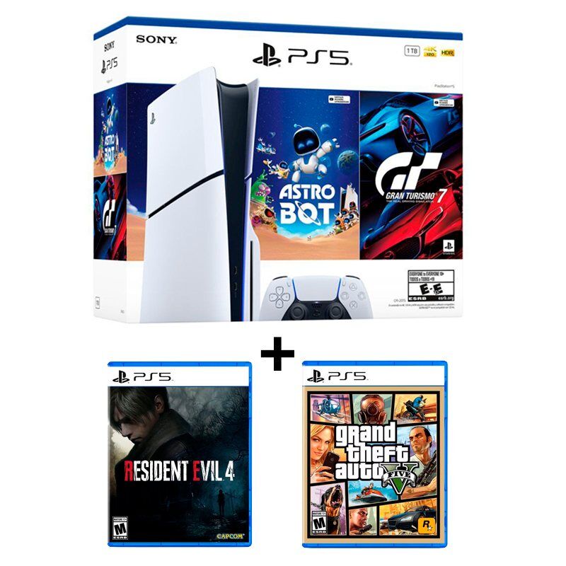 PlayStation 5 Slim (Disco) + Astro Bot + Gran Turismo 7 + Resident Evil 4 + GTA 5